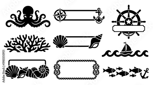 Collection of black and white nautical vector frames, featuring maritime silhouettes like an octopus, ship wheel, shells, and rope border templates