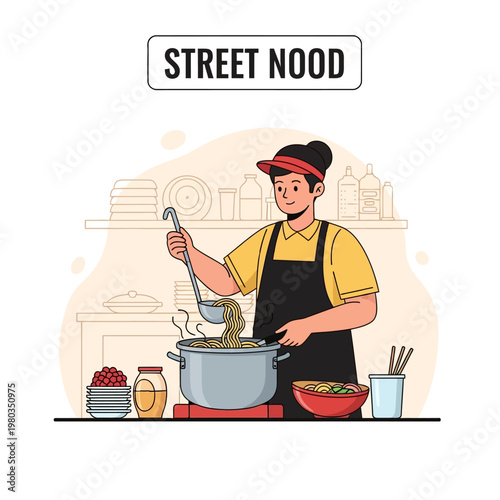Vector illustration of a female street food vendor wearing a yellow shirt and black apron cooking noodles in a large pot at a commercial kitchen stall with shelves of dishes.