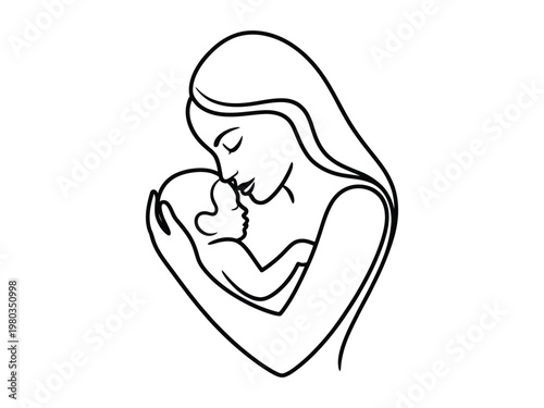 Stylized outline of a mother tenderly holding and kissing her newborn baby