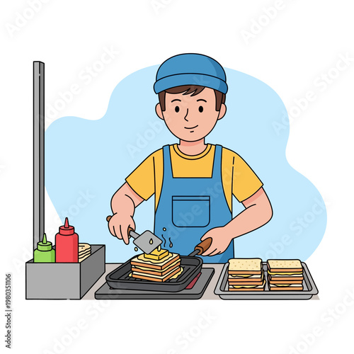 Cartoon illustration of a male chef street vendor in a blue apron and cap cooking grilled sandwiches on a square griddle with a metal spatula, condiment bottles placed nearby.