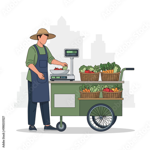 Flat vector illustration of a street vendor in a sun hat and apron weighing fresh organic vegetables on a digital scale at a green mobile pushcart with baskets of produce and city skyline.