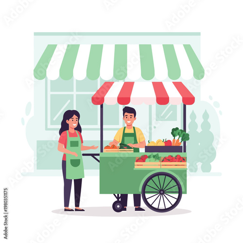 Flat vector illustration of a male street vendor selling fresh organic vegetables from a mobile cart with a red striped awning to a female customer in front of a local market shop.