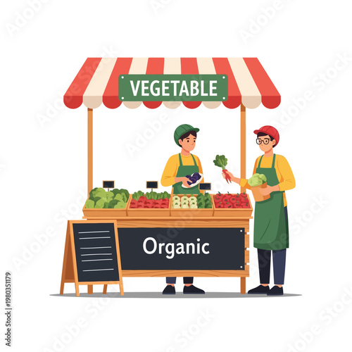 Vector illustration of two male street vendors selling organic vegetables at a marketplace stall with a red and white striped awning, featuring lettuce, tomatoes, and broccoli.