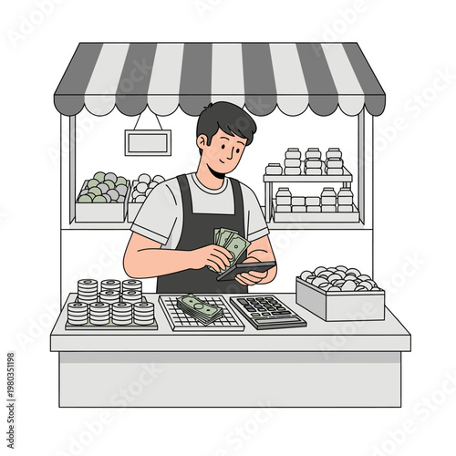 Illustration of a male shopkeeper in an apron counting paper money bills at a market stall with a striped awning, featuring boxes of produce, jars, and a calculator on the counter.
