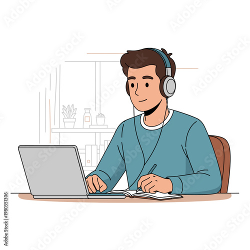Vector illustration of a young man wearing headphones sitting at a desk using a laptop to attend an online webinar while taking notes in a notebook on a clean white background.