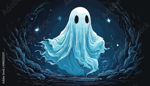 Ethereal Ghostly Figure Floating in a Mystical Night Scene.