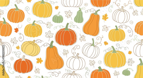 Autumn Harvest Pumpkins Gourds and Leaves Seamless Pattern.