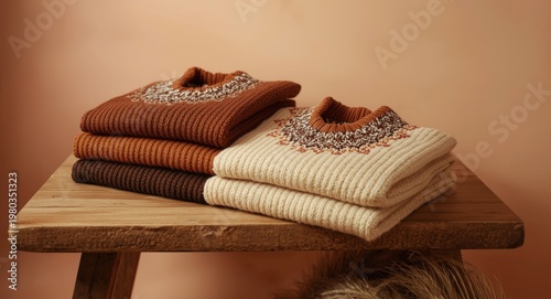 Stylish composition of sweaters with patterned collars placed on a timber table in a peach colored room