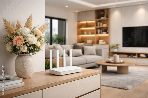 Modern living room with wifi router and artificial flowers highlighting minimalist style and smart storage