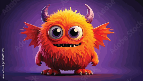 Cute Orange Monster with Horns and Big Eyes Illustration.
