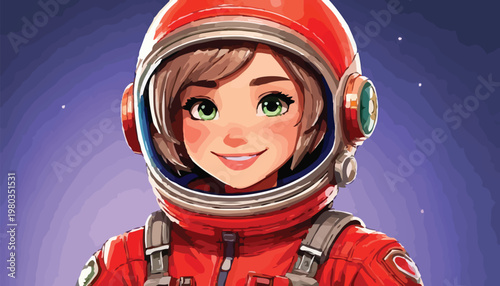 Cartoon Astronaut Girl in Red Suit and Helmet Portrait.