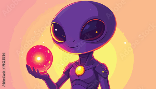 Cartoon Alien Holding Glowing Orb of Light in Hand.