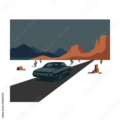 A dark car drives down a desert road with a scenic mountain landscape and cacti in the background, conveying a sense of adventure and travel in a classic American road trip setting.