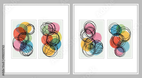 Abstract Colorful Circles and Scribbles Art Set.