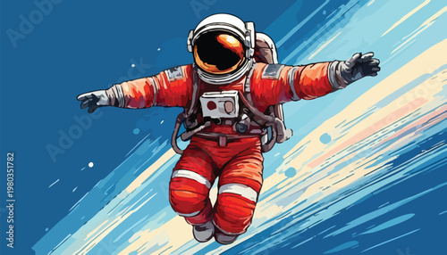 Astronaut in orange spacesuit floating in space with Earth visible.
