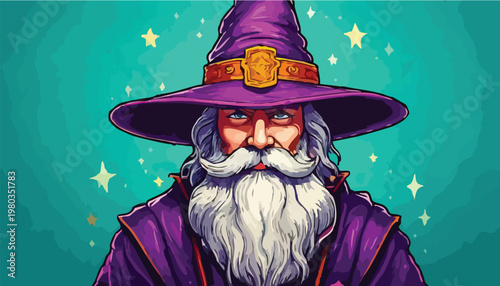 Enigmatic Wizard Portrait with Purple Hat and Flowing White Beard.