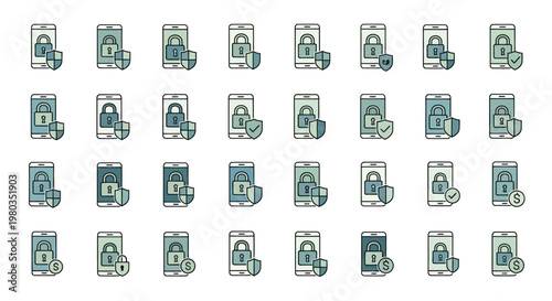 A collection of blue and green icons.