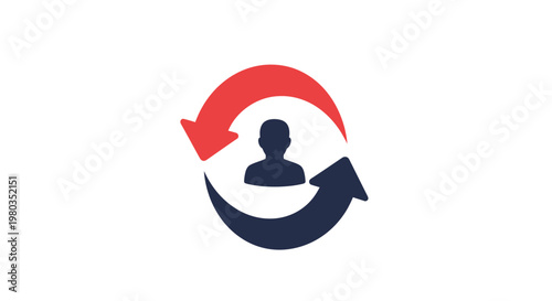 A graphic icon depicting a person's silhouette surrounded by two circular arrows, one red and one blue, symbolizing refresh, exchange, or user interaction.