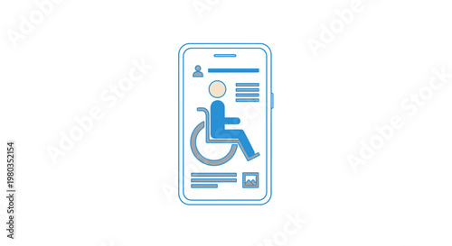 Mobile phone displaying an accessibility app with a person in a wheelchair icon, representing digital inclusion and support for disabled individuals.