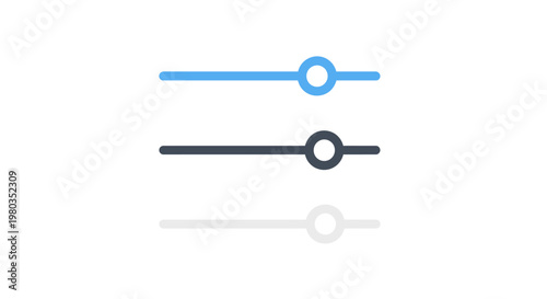 Three horizontal slider controls with circular handles in blue, dark grey, and light grey, with a subtle reflection below on a white background.