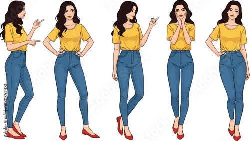 Set of young woman character poses wearing yellow t-shirt and blue denim jeans with various hand gestures and expressions for fashion design and animation vector illustration