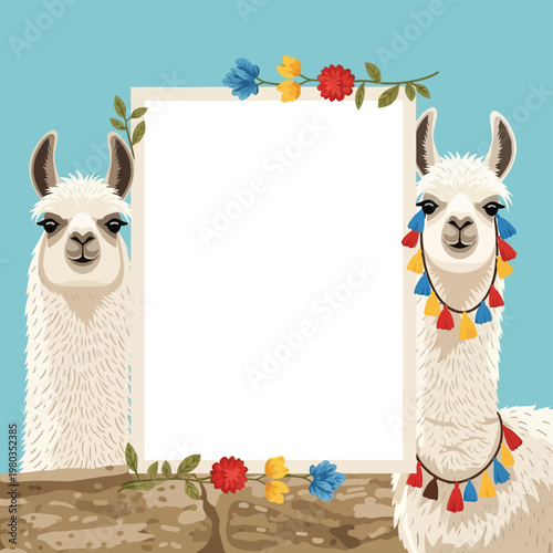 Two Llamas Wearing Colorful Tassel Necklaces.