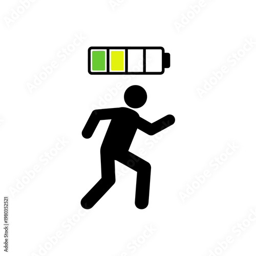 A black stick figure running with a battery icon above its head, showing a moderate charge level with green and yellow bars.