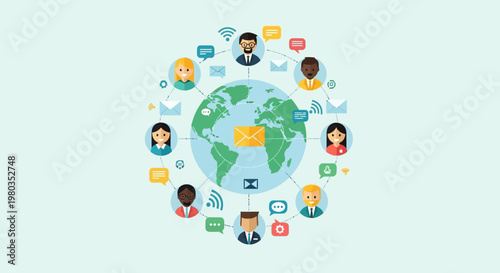 Global Communication Network: Diverse People Connected Around Earth with Digital Icons