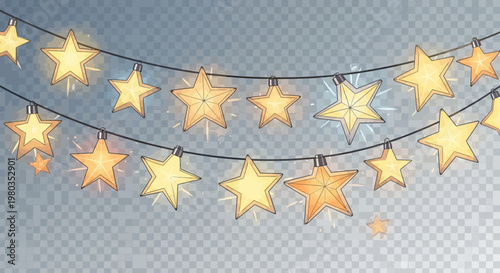 Glowing Star String Lights Festive Decoration on Transparent Background