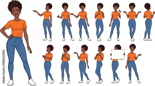 Beautiful young black woman character with afro hair in orange t-shirt and blue jeans set of various poses and gestures isolated vector illustration