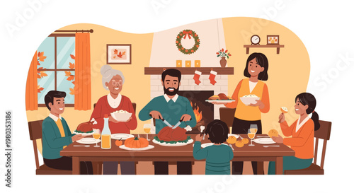 Happy Family Thanksgiving Dinner Celebration with Roasted Turkey and Autumn Decorations