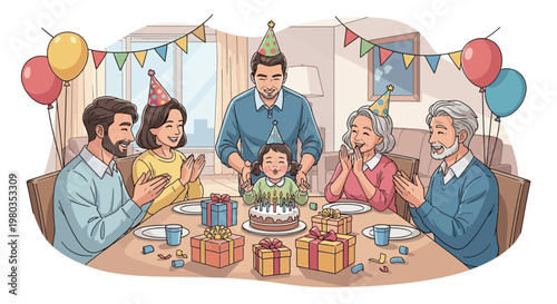 Happy multi-generational family celebrating child's birthday with cake and gifts