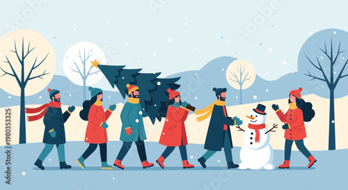 Happy people carrying Christmas tree and building snowman in winter landscape