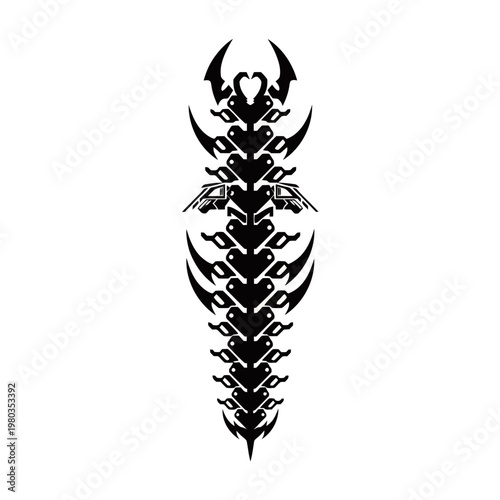 Intricate black tribal scorpion tail design with sharp, angular elements and a symmetrical pattern.