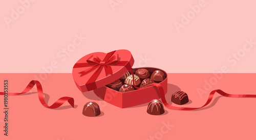 Heart-shaped box of assorted chocolates with red ribbon, Valentine's Day gift