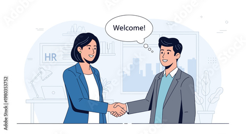 HR professional welcomes new employee with handshake in office, creating a positive first impression.