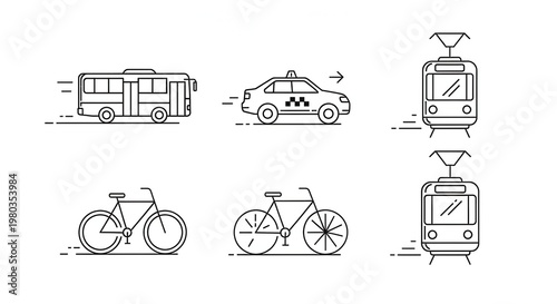 Urban Transportation Icons: Bus, Taxi, Tram, and Bicycles - Line Art Collection
