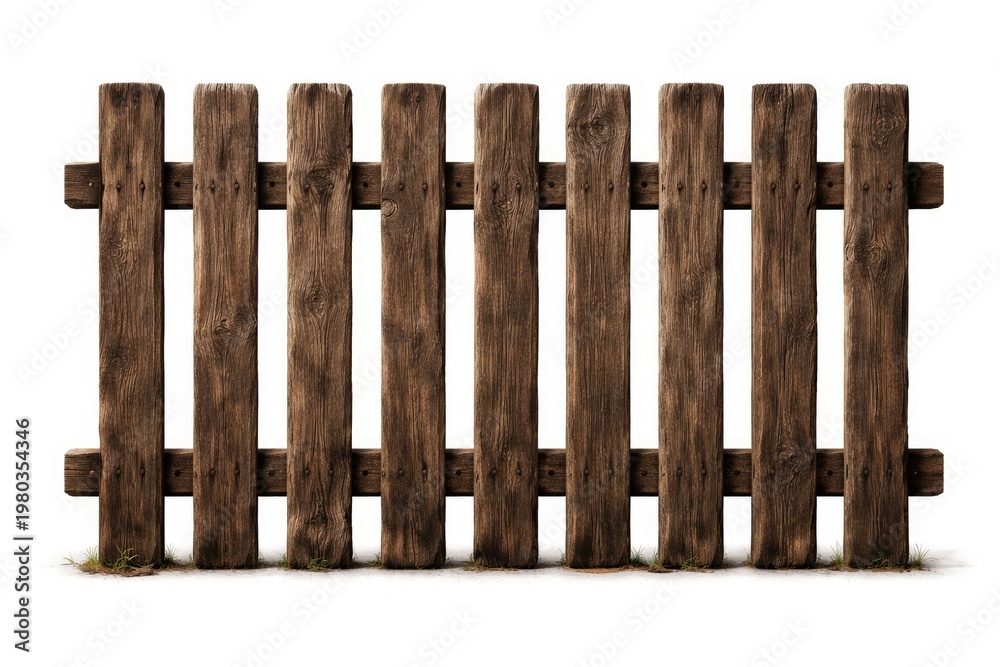 Obraz premium Isolated rustic brown wooden fence with parallel planks on white background