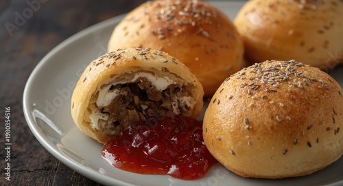 Traditional Czech kolache pastry stuffed with cream cheese and poppy seed blend plus jam