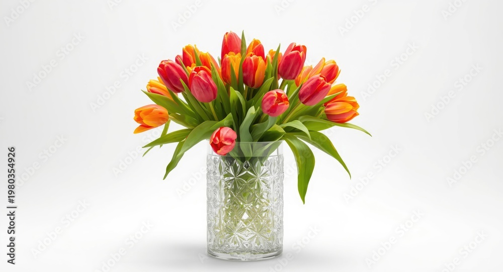 Obraz premium Vivid tulip flowers gathered in a crystal vase set on a pure white background