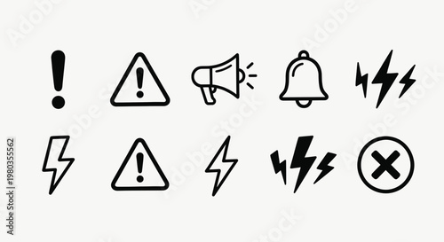 Warning Alert and Notification Icon Set Minimalist Black Line Vector Illustration for Mobile UI and Web Design