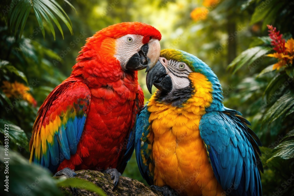 Obraz premium Colorful tropical parrots showing affection in dense rainforest foliage