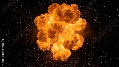 Fiery Explosions and Particle Effects on Black Background, Powerful Energy.