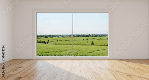 Vacant room design looking out on peaceful green farmland