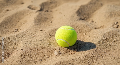 Summer sports poster with tennis ball lying on dry beach sand