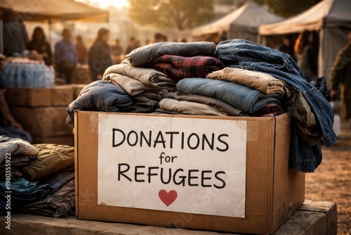 Charitable donation box filled with clothing for displaced refugees aiding humanitarian relief efforts