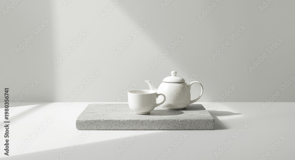 Fototapeta premium White tea cup with matching teapot resting on a neutral gray slab