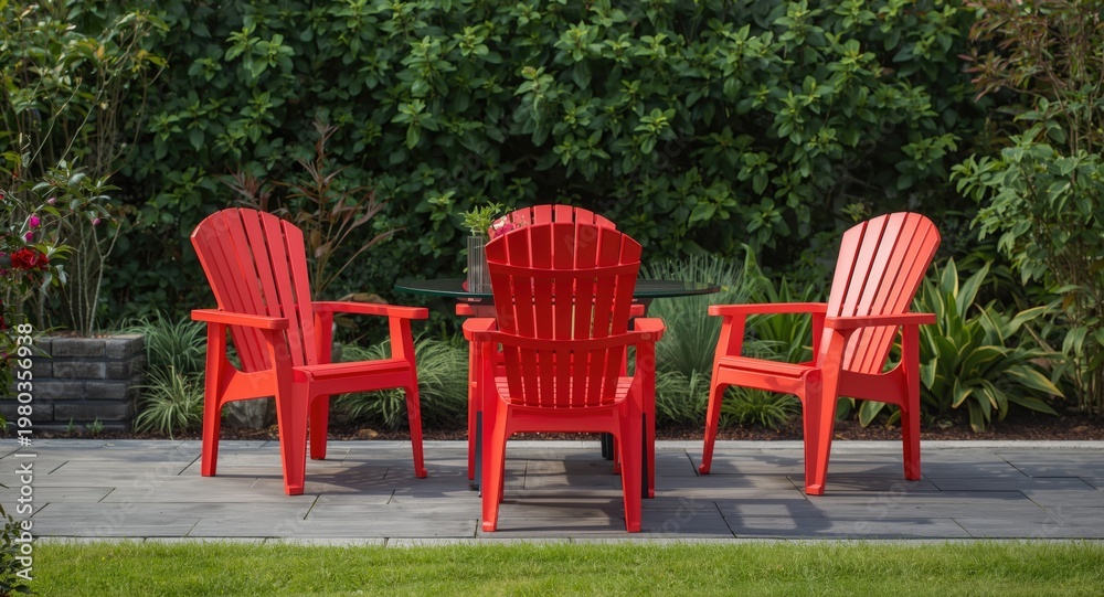 Obraz premium Stylish red plastic outdoor seating viewed from three quarter back in garden setting enhancing patio elegance and design