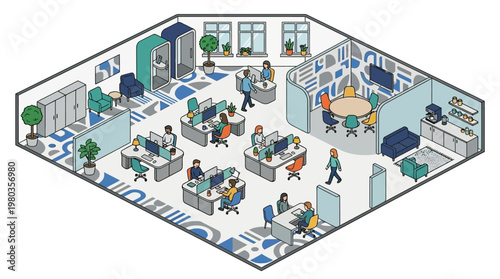 Modern Isometric Office Interior Illustration with Diverse Professionals Working in Open Plan Coworking Space