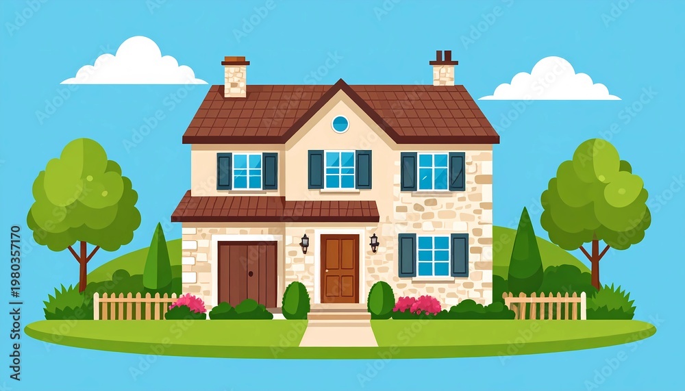Naklejka premium Charming French country house with garden and blue sky in flat vector illustration